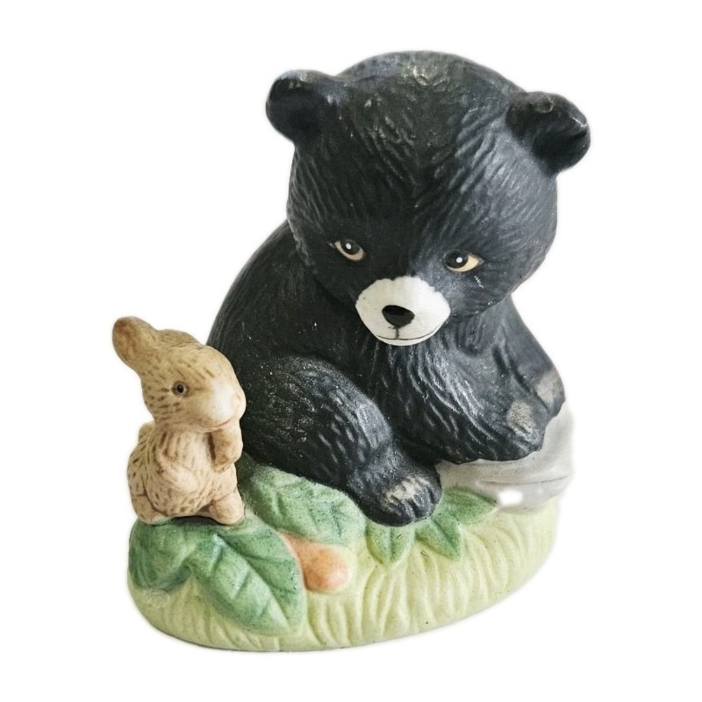 Vintage Homco Little Black Bear Cub w/Little Brown Bunny Rabbit Miniature #1418